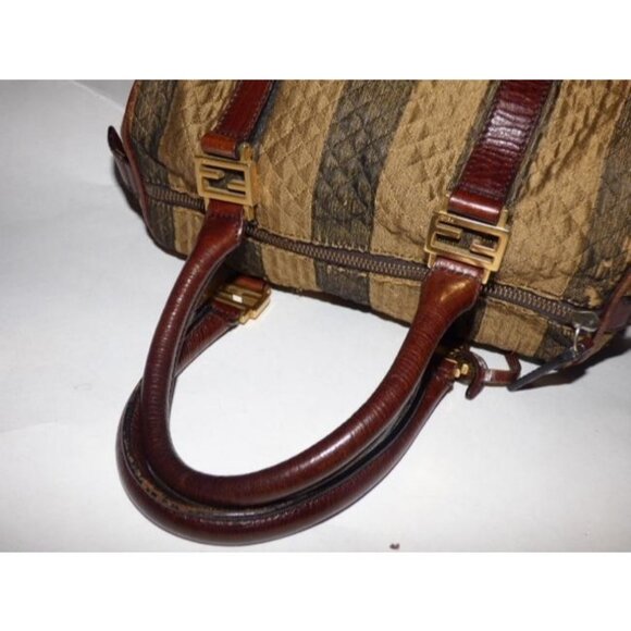Fendi Pequin Brown Canvas and Leather Satchel Top Handle Key Quilted - Picture 10 of 12